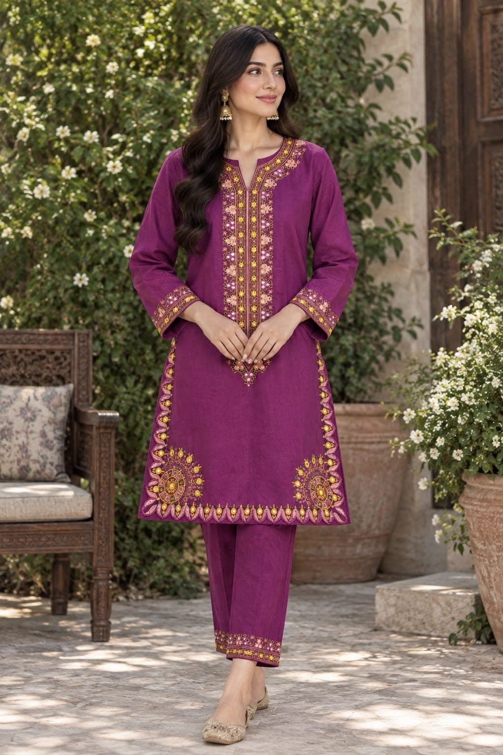 Plum Blossom – Stitched 2-Piece Embroidered Cotton Suit