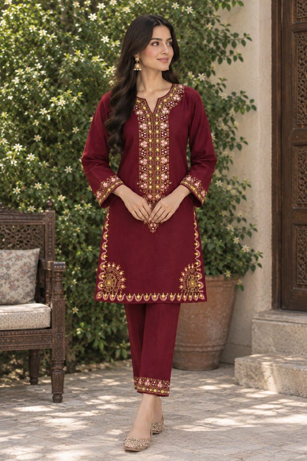 Maroon Allure – Stitched 2-Piece Embroidered Cotton Suit