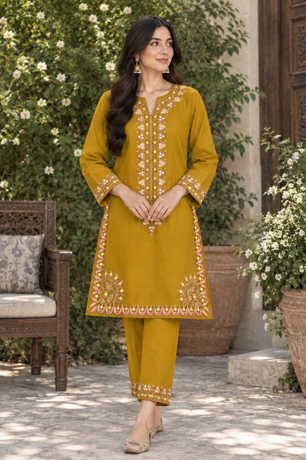 Mustard Bloom – Embroidered 2-Piece Cotton Suit