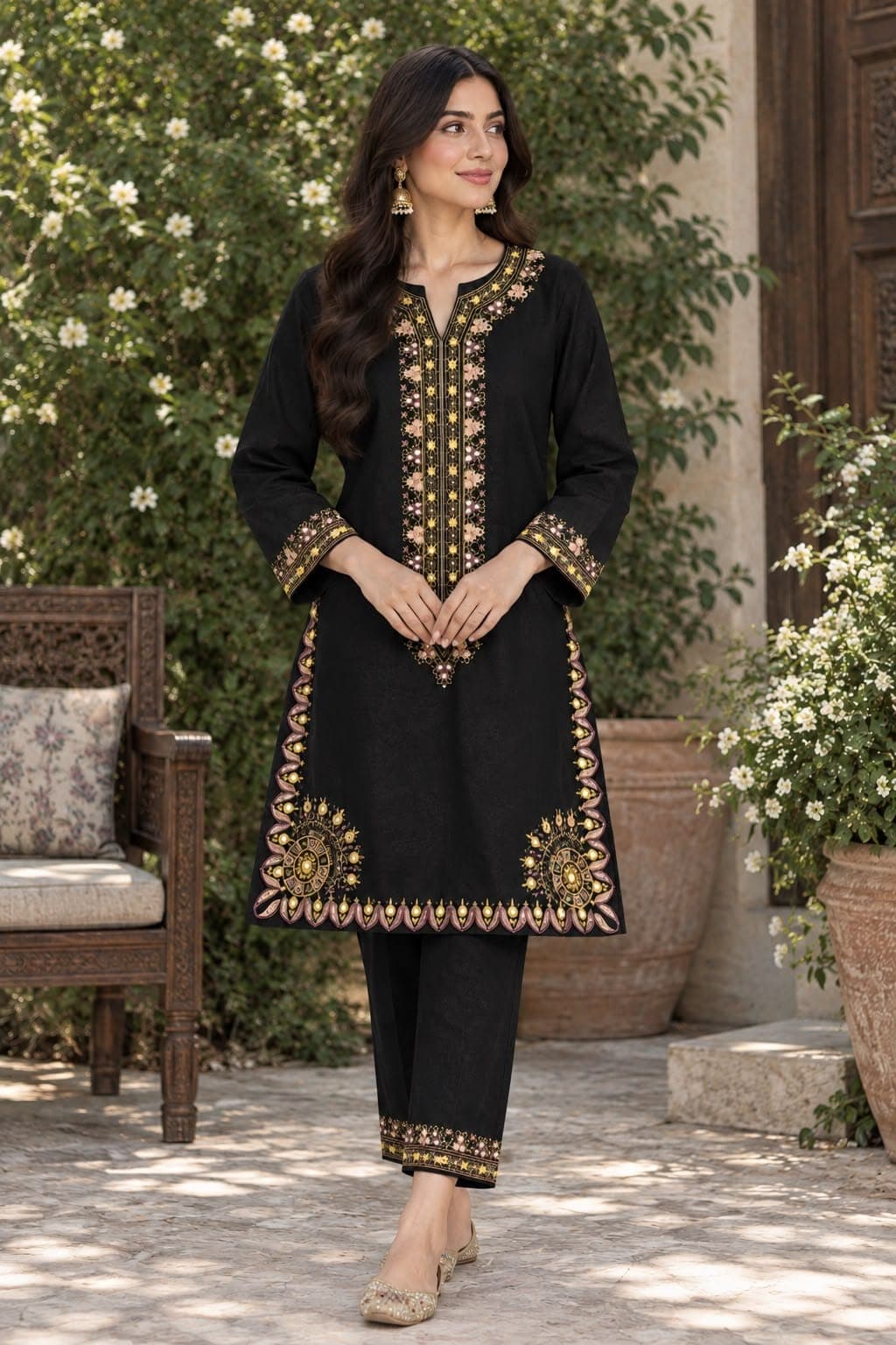 Noir Radiance – Embroidered 2-Piece Cotton Suit