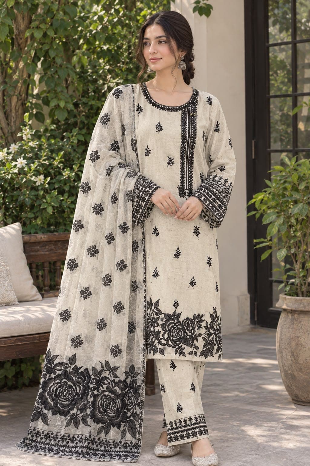 Ivory Noir – Embroidered 3-Piece Winter Cotton Suit with Wool Shawl