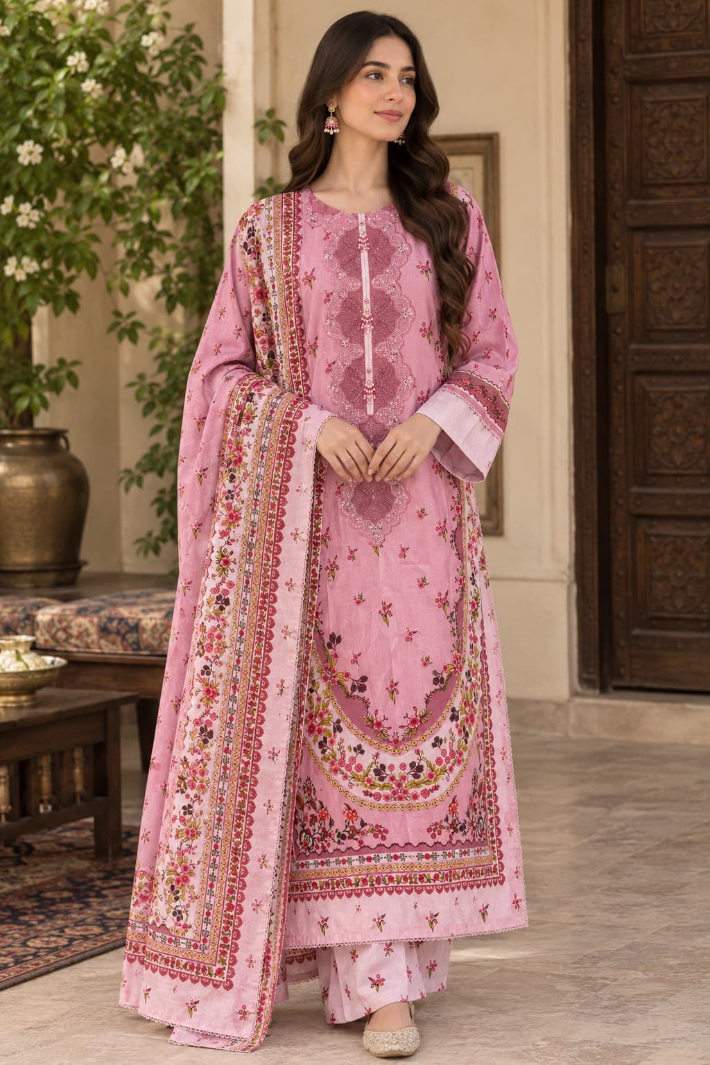 Rose Mist – 3-Piece Pure Cotton Kaftan Suit with Shawl Dupatta